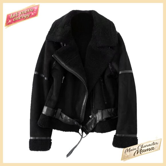 Faux Shearling Moto Jacket Thick Lined Parka Winter Coat Leather Style - Picture 1 of 7